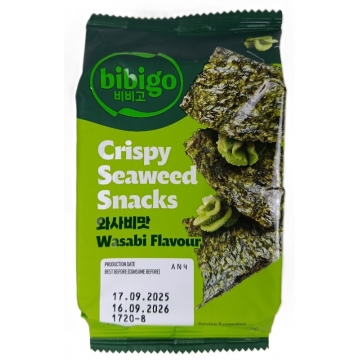 Mořské řasy pražené plátky s příchutí wasabi 5g BIBIGO